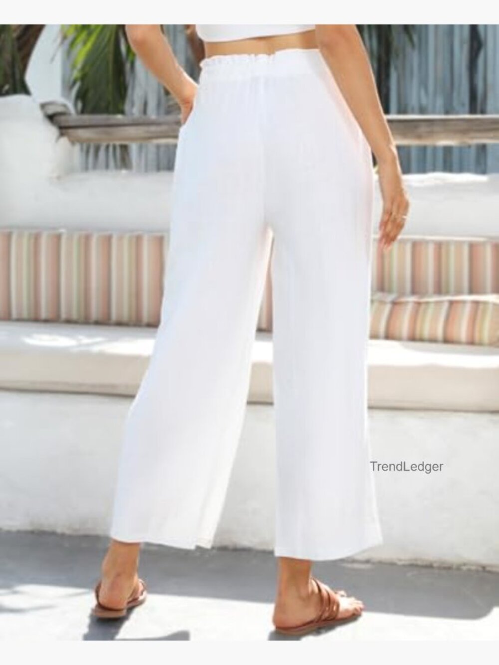 Wide Leg Linen Pants High Waist Palazzo Flowy Capri with Pockets - Picture 2 of 6